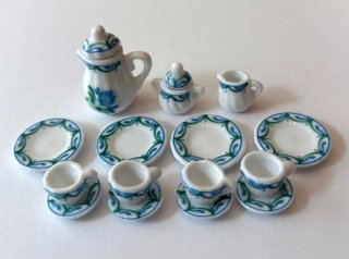 ミニチュア食器 陶器ティーセット15点セット ブルーフラワーライン