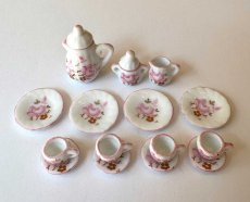 画像1: ミニチュア食器 陶器ティーセット15点セット  ピンクバラ (1)