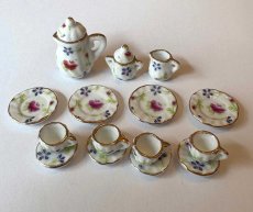 画像1: ミニチュア食器 陶器ティーセット15点セット  薔薇とすみれ (1)