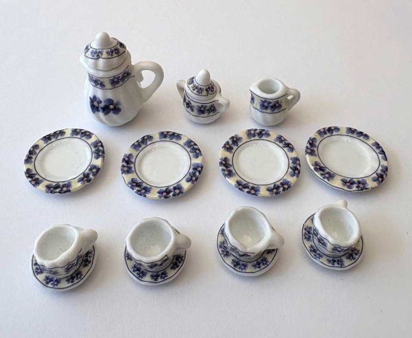 ミニチュア食器 陶器ティーセット15点セット ブルーフラワー
