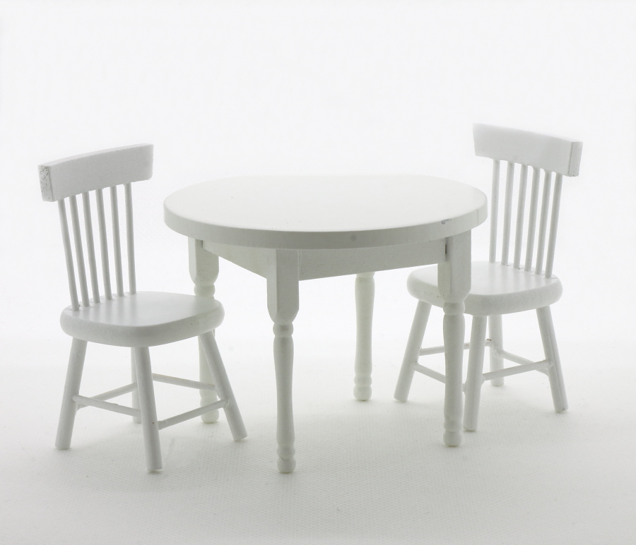 画像1: ミニチュア家具 テーブル＆チェアセット 白 / 机 椅子 ダイニング 円卓 (1)
