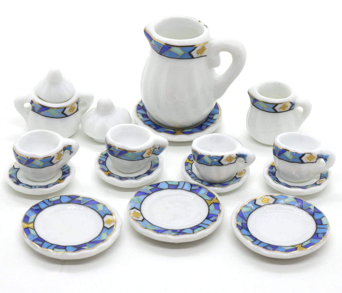 ミニチュア食器 陶器ティーセット15点セット 白＆ブルーライン / ティーカップ、ポット、シュガーポット、ミルクピッチャー他 - マーブルチョコ
