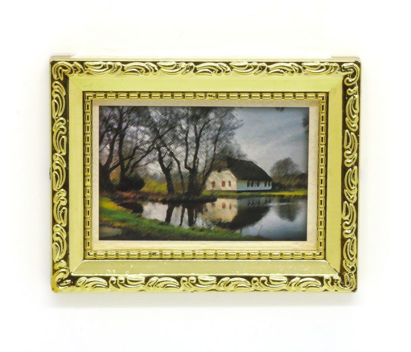 画像1: ミニチュア絵画 湖畔と白い家 / 絵画 油絵 インテリア (1)