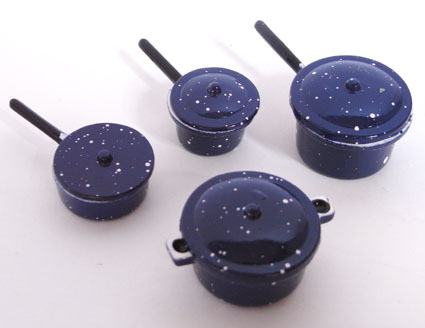 画像1: ミニチュアキッチン用品 お鍋4点セット 青 / 片手鍋 両手鍋 / 金属製 (1)